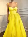 A-Line/Princess Spaghetti Straps Floor-Length Tulle Prom Dress With Beading