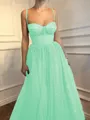 A-Line/Princess Spaghetti Straps Floor-Length Tulle Prom Dress With Beading