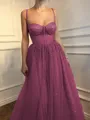 A-Line/Princess Spaghetti Straps Floor-Length Tulle Prom Dress With Beading