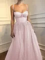 A-Line/Princess Spaghetti Straps Floor-Length Tulle Prom Dress With Beading