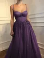 A-Line/Princess Spaghetti Straps Floor-Length Tulle Prom Dress With Beading