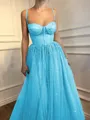A-Line/Princess Spaghetti Straps Floor-Length Tulle Prom Dress With Beading