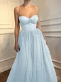 A-Line/Princess Spaghetti Straps Floor-Length Tulle Prom Dress With Beading