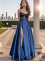 A-line V-neck Appliques Lace Floor-Length Satin Porm Dress