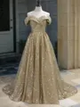 Ball Gown Off-the-Shoulder Sweep Train Sequins Prom Dress With Lace