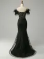 Sheath Off-the-Shoulder Feather Sweep Train Tulle Corset Porm Dress