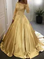 Ball Gown Off-the-Shoulder Chapel Train Satin Prom Dress With Appliques Lace
