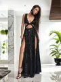 A-Line/Princess V-neck Floor-Length Sequins Prom Dress With Leg Slit