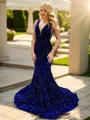 Mermaid V-neck Sequin Sweep Train Velvet Sequins Porm Dress