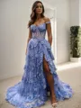 A-line Off-the-Shoulder Appliques Lace Sweep Train Tulle Corset Porm Dress