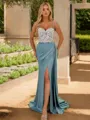 Sheath Spaghetti Straps Appliques Lace Sweep Train Satin Porm Dress