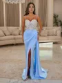 Sheath Spaghetti Straps Appliques Lace Sweep Train Satin Porm Dress