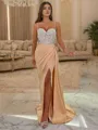 Sheath Spaghetti Straps Appliques Lace Sweep Train Satin Porm Dress