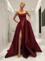 Ball Gown Strapless Sweep Train Satin Prom Dress With Leg Slit