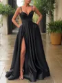 A-Line/Princess Straps Sweep Train Satin Prom Dress With Leg Slit