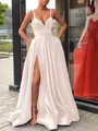A-Line/Princess Straps Sweep Train Satin Prom Dress With Leg Slit