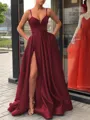 A-Line/Princess Straps Sweep Train Satin Prom Dress With Leg Slit