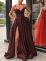 A-Line/Princess Straps Sweep Train Satin Prom Dress With Leg Slit