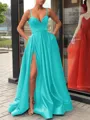 A-Line/Princess Straps Sweep Train Satin Prom Dress With Leg Slit