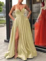 A-Line/Princess Straps Sweep Train Satin Prom Dress With Leg Slit
