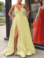 A-Line/Princess Straps Sweep Train Satin Prom Dress With Leg Slit