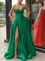 A-Line/Princess Straps Sweep Train Satin Prom Dress With Leg Slit