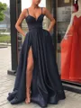 A-Line/Princess Straps Sweep Train Satin Prom Dress With Leg Slit