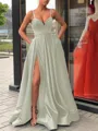 A-Line/Princess Straps Sweep Train Satin Prom Dress With Leg Slit