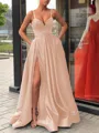 A-Line/Princess Straps Sweep Train Satin Prom Dress With Leg Slit