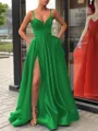 A-Line/Princess Straps Sweep Train Satin Prom Dress With Leg Slit