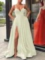 A-Line/Princess Straps Sweep Train Satin Prom Dress With Leg Slit