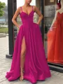 A-Line/Princess Straps Sweep Train Satin Prom Dress With Leg Slit