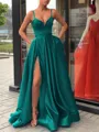A-Line/Princess Straps Sweep Train Satin Prom Dress With Leg Slit