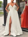 A-Line/Princess Straps Sweep Train Satin Prom Dress With Leg Slit