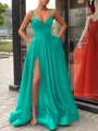 A-Line/Princess Straps Sweep Train Satin Prom Dress With Leg Slit
