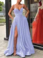 A-Line/Princess Straps Sweep Train Satin Prom Dress With Leg Slit