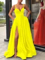 A-Line/Princess Straps Sweep Train Satin Prom Dress With Leg Slit