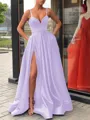 A-Line/Princess Straps Sweep Train Satin Prom Dress With Leg Slit