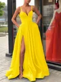 A-Line/Princess Straps Sweep Train Satin Prom Dress With Leg Slit