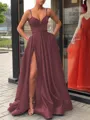 A-Line/Princess Straps Sweep Train Satin Prom Dress With Leg Slit