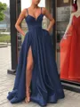 A-Line/Princess Straps Sweep Train Satin Prom Dress With Leg Slit