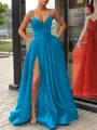 A-Line/Princess Straps Sweep Train Satin Prom Dress With Leg Slit