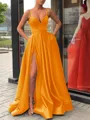 A-Line/Princess Straps Sweep Train Satin Prom Dress With Leg Slit