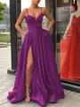 A-Line/Princess Straps Sweep Train Satin Prom Dress With Leg Slit