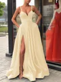 A-Line/Princess Straps Sweep Train Satin Prom Dress With Leg Slit