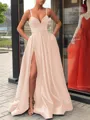 A-Line/Princess Straps Sweep Train Satin Prom Dress With Leg Slit