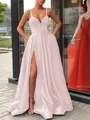 A-Line/Princess Straps Sweep Train Satin Prom Dress With Leg Slit