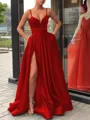 A-Line/Princess Straps Sweep Train Satin Prom Dress With Leg Slit