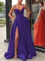 A-Line/Princess Straps Sweep Train Satin Prom Dress With Leg Slit