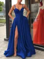 A-Line/Princess Straps Sweep Train Satin Prom Dress With Leg Slit